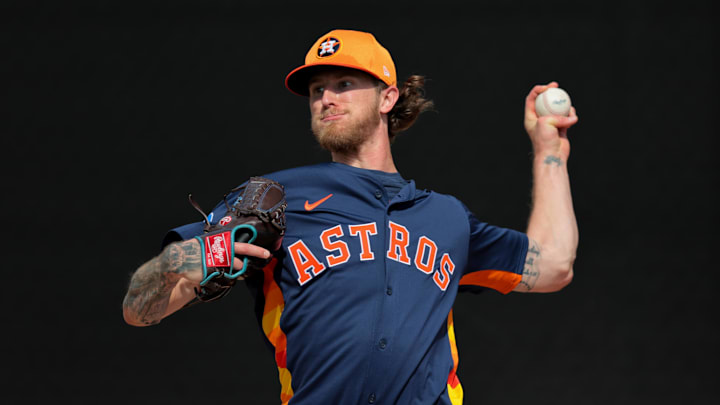 Houston Astros relief pitcher Josh Hader (71) pitches during a spring training workout.