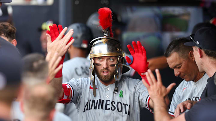 May 27, 2025; Tampa, Florida, USA; Minnesota Twins second baseman Kody Clemens (18) celebrates after hitting a home run against the Tampa Bay Rays in the second inning at George M. Steinbrenner Field. Mandatory Credit: Nathan Ray Seebeck-Imagn Images