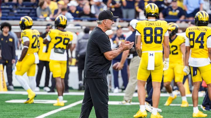 Michigan head coach Kyle Whittingham watches practice ahead of the game between Michigan and Western Michigan at Michigan Stadium in Ann Arbor on Saturday, Sept. 5, 2026.
