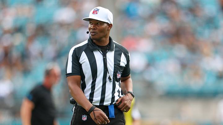 Sep 7, 2025; Jacksonville, Florida, USA; Referee Alex Moore prepares to make a call during the second half of game between the Jacksonville Jaguars and the Carolina Panthers at EverBank Stadium. Mandatory Credit: Nathan Ray Seebeck-Imagn Images