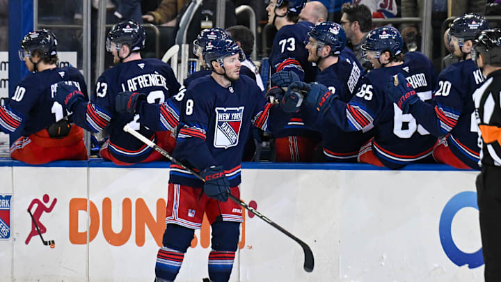 Apr 9, 2025; New York, New York, USA;  New York Rangers left wing J.T. Miller (8) celebrates his goal against the Philadelphia Flyers during the third period at Madison Square Garden. Mandatory Credit: Dennis Schneidler-Imagn Images