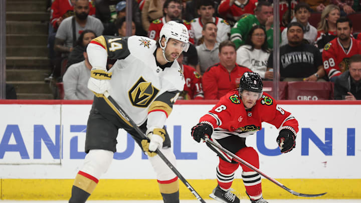 Mar 28, 2025; Chicago, Illinois, USA; Chicago Blackhawks center Ryan Donato (8) and Vegas Golden Knights defenseman Nicolas Hague (14) battle for control of the puck during the third period at United Center. Mandatory Credit: Talia Sprague-Imagn Images