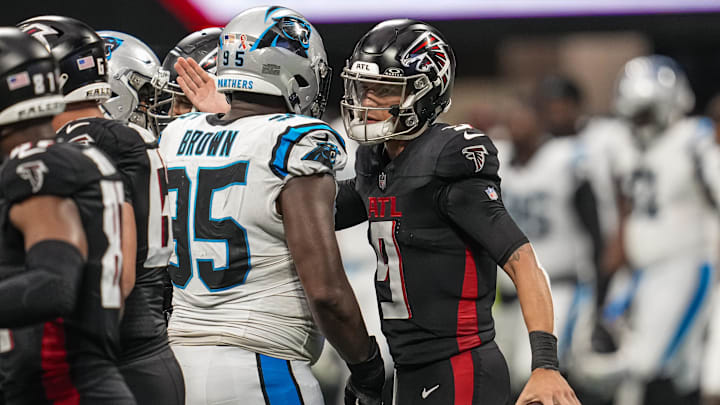 Sep 10, 2023; Atlanta, Georgia, USA; Atlanta Falcons quarterback Desmond Ridder (9) reacts with