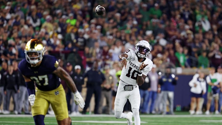 Sep 13, 2025; South Bend, Indiana, USA; Texas A&M Aggies quarterback Marcel Reed (10) throws a pass during the second half against the Notre Dame Fighting Irish at Notre Dame Stadium. Mandatory Credit: Trevor Ruszkowski-Imagn Images