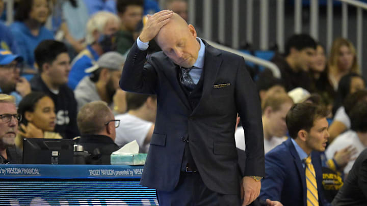Dec 19, 2025; Los Angeles, California, USA; UCLA Bruins head coach Mick Cronin reacts on the sideline during the second half against the Cal Poly Mustangs at Pauley Pavilion presented by Wescom Financial. Mandatory Credit: Jayne Kamin-Oncea-Imagn Images