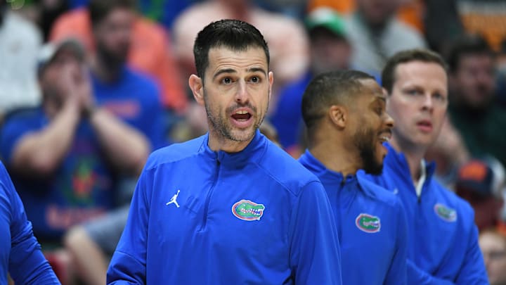 Mar 17, 2024; Nashville, TN, USA;  Florida Gators head coach Todd Golden reacts in the first half against the Auburn Tigers in the SEC Tournament championship game at Bridgestone Arena. Mandatory Credit: Christopher Hanewinckel-Imagn Images