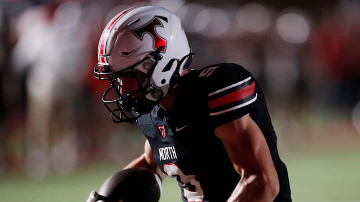 North Oconee's Dallas Dickerson (9) drives in to score a touchdown during a GHSA high school football game against Eastside in Bogart, Ga., on Friday, Oct. 11, 2024.