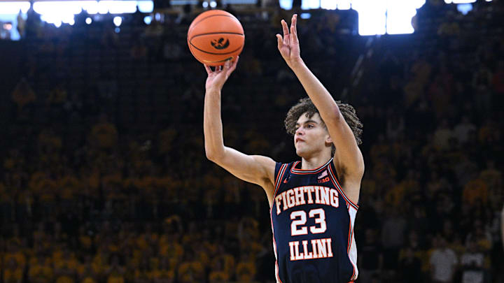 Jan 11, 2026; Iowa City, Iowa, USA; Illinois Fighting Illini guard Keaton Wagler (23) shoots the ball against the Iowa Hawkeyes during the first half at Carver-Hawkeye Arena. Mandatory Credit: Jeffrey Becker-Imagn Images