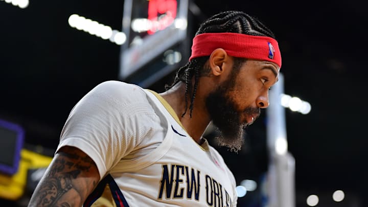 Feb 9, 2024; Los Angeles, California, USA; New Orleans Pelicans forward Brandon Ingram (14) reacts during the second half at Crypto.com Arena. 