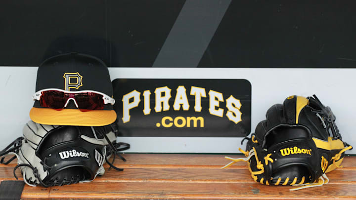 Aug 1, 2018; Pittsburgh, PA, USA;  Pittsburgh Pirates equipment in the dugout before the game against the Chicago Cubs at PNC Park. The Cubs won 9-2. Mandatory Credit: Charles LeClaire-Imagn Images