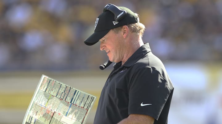 Sep 19, 2021; Pittsburgh, Pennsylvania, USA;  Las Vegas Raiders head coach Jon Gruden looks at his play chart against the Pittsburgh Steelers during the fourth quarter at Heinz Field. Las Vegas won 26-17.  Mandatory Credit: Charles LeClaire-Imagn Images