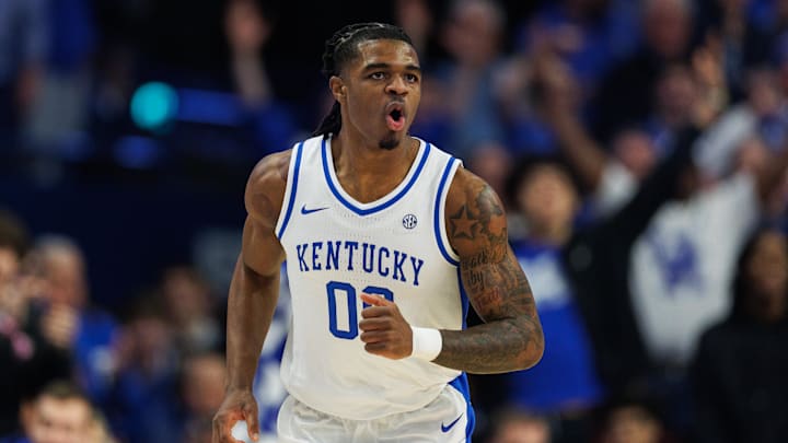 Feb 1, 2025; Lexington, Kentucky, USA; Kentucky Wildcats guard Otega Oweh (00) runs down the court after making a basket during the first half against the Arkansas Razorbacks at Rupp Arena at Central Bank Center. Mandatory Credit: Jordan Prather-Imagn Images