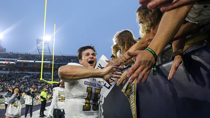 Oct 10, 2026; Atlanta, Georgia, USA; Georgia Tech Yellow Jackets quarterback Alberto Mendoza (15) celebrates after a victory over the Duke Blue Devils at Bobby Dodd Stadium at Hyundai Field. Mandatory Credit: Brett Davis-Imagn Images