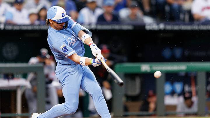 Sep 25, 2026; Kansas City, Missouri, USA; Kansas City Royals shortstop Bobby Witt Jr. (7) gets a base hit during the first inning against the Cleveland Guardians at Kauffman Stadium. Mandatory Credit: William Purnell-Imagn Images Sep 25, 2026; Kansas City, Missouri, USA; Kansas City Royals shortstop Bobby Witt Jr. (7) gets a base hit during the first inning against the Cleveland Guardians at Kauffman Stadium. Mandatory Credit: William Purnell-Imagn Images