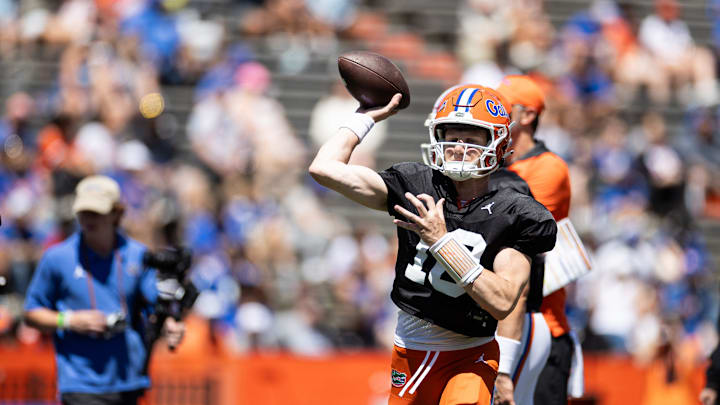 Florida Gators quarterback Clay Millen (18) throws the ball before the game at the Orange and Blue spring football game at Steve Spurrier Field at Ben Hill Griffin Stadium in Gainesville, FL on Saturday, April 13, 2024. [Matt Pendleton/Gainesville Sun]