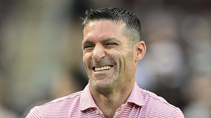 Oct 26, 2024; College Station, Texas, USA; Houston Texans executive vice president and general manager Nick Caserio smiles while standing on the sideline prior to the game between the Texas A&M Aggies and the LSU Tigers at Kyle Field. Mandatory Credit: Maria Lysaker-Imagn Images. 