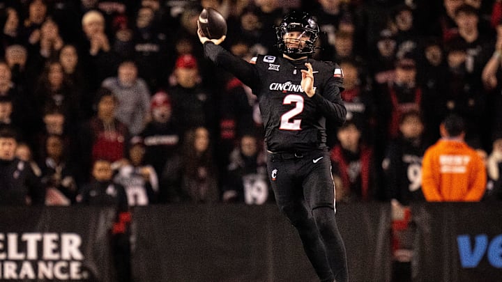 Cincinnati Bearcats quarterback Brendan Sorsby (2) throws an interception in the third quarter of the NCAA football game between the Cincinnati Bearcats and BYU Cougars at Nippert Stadium in Cincinnati on Nov. 22, 2025.