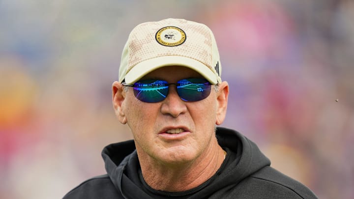 Nov 1, 2025; Lawrence, Kansas, USA; Kansas Jayhawks head coach Lance Leipold prior to a game against the Oklahoma State Cowboys at David Booth Kansas Memorial Stadium. Mandatory Credit: Jay Biggerstaff-Imagn Images