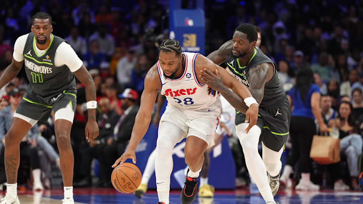 Apr 5, 2025; Philadelphia, Pennsylvania, USA; Philadelphia 76ers forward Guerschon Yabusele (28) shields the ball from Minnesota Timberwolves forward Julius Randle (30) in the third quarter at Wells Fargo Center. Mandatory Credit: Kyle Ross-Imagn Images Apr 5, 2025; Philadelphia, Pennsylvania, USA; Philadelphia 76ers forward Guerschon Yabusele (28) shields the ball from Minnesota Timberwolves forward Julius Randle (30) in the third quarter at Wells Fargo Center. Mandatory Credit: Kyle Ross-Imagn Images