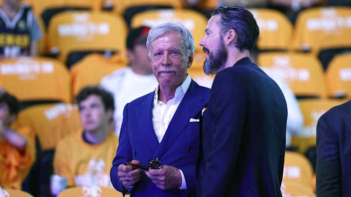 Jun 1, 2023; Denver, CO, USA; Denver Nuggets owner Stan Kroenke (left) and vice chairman Josh Kroenke before the game against the Miami Heat in game one of the 2023 NBA Finals at Ball Arena. Mandatory Credit: Isaiah J. Downing-Imagn Images Jun 1, 2023; Denver, CO, USA; Denver Nuggets owner Stan Kroenke (left) and vice chairman Josh Kroenke before the game against the Miami Heat in game one of the 2023 NBA Finals at Ball Arena. Mandatory Credit: Isaiah J. Downing-Imagn Images