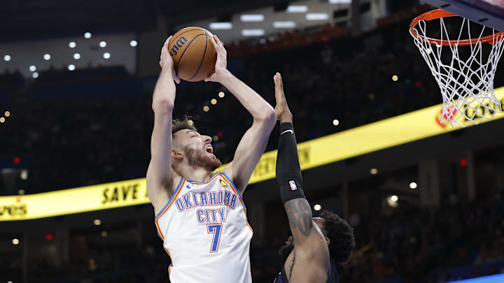 Mar 30, 2026; Oklahoma City, Oklahoma, USA; Oklahoma City Thunder center Chet Holmgren (7) shoots against the Detroit Pistons during the second half at Paycom Center. Mandatory Credit: Alonzo Adams-Imagn Images