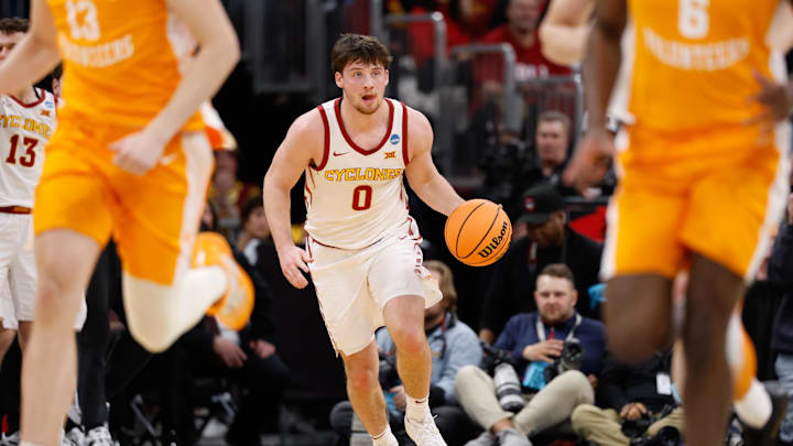 Mar 27, 2026; Chicago, IL, USA; Iowa State Cyclones guard Nate Heise (0) moves the ball in the first half against the Tennessee Volunteers during a Sweet Sixteen game of the Midwest Regional of the men's 2026 NCAA Tournament at United Center. Mar 27, 2026; Chicago, IL, USA; Iowa State Cyclones guard Nate Heise (0) moves the ball in the first half against the Tennessee Volunteers during a Sweet Sixteen game of the Midwest Regional of the men's 2026 NCAA Tournament at United Center.