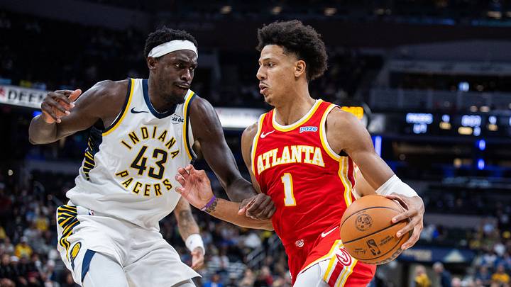 Oct 10, 2026; Indianapolis, Indiana, USA; Atlanta Hawks forward Jalen Johnson (1) dribbles the ball while Indiana Pacers forward Pascal Siakam (43) defends in the second half at Gainbridge Fieldhouse. Mandatory Credit: Trevor Ruszkowski-Imagn Images Oct 10, 2026; Indianapolis, Indiana, USA; Atlanta Hawks forward Jalen Johnson (1) dribbles the ball while Indiana Pacers forward Pascal Siakam (43) defends in the second half at Gainbridge Fieldhouse. Mandatory Credit: Trevor Ruszkowski-Imagn Images