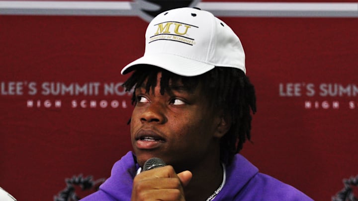 Five-star defensive lineman prospect Williams Nwaneri listens to a question from the media after committing to the university of Missouri on August 14, 2023, in Lee's Summit, Mo.