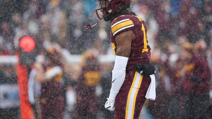 Nov 29, 2025; Minneapolis, Minnesota, USA; Minnesota Golden Gophers defensive back Kerry Brown (14) celebrates during the first half against the Wisconsin Badgers at Huntington Bank Stadium. Mandatory Credit: Matt Krohn-Imagn Images