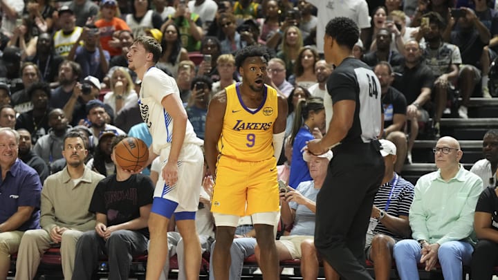 Jul 10, 2025; Las Vegas, NV, USA; Los Angeles Lakers guard Bronny James (9) reacts to a foul call against Dallas Mavericks forward Cooper Flagg (32) in the second quarter of their game at Thomas & Mack Center. Mandatory Credit: Candice Ward-Imagn Images Jul 10, 2025; Las Vegas, NV, USA; Los Angeles Lakers guard Bronny James (9) reacts to a foul call against Dallas Mavericks forward Cooper Flagg (32) in the second quarter of their game at Thomas & Mack Center. Mandatory Credit: Candice Ward-Imagn Images