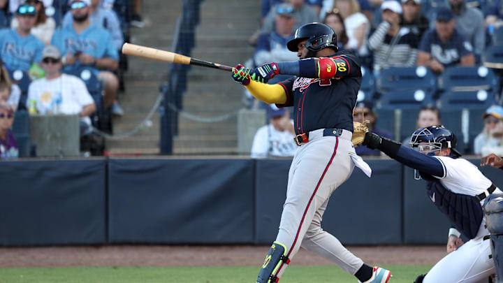 Atlanta Braves designated hitter Marcell Ozuna (20 singles during the ninth inning] against the Tampa Bay Rays at George M. Steinbrenner Field on April 12.