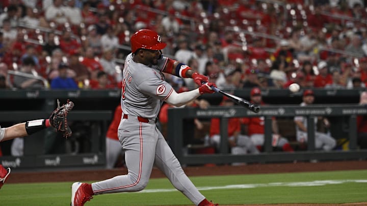Sep 15, 2025; St. Louis, Missouri, USA; Cincinnati Reds designated hitter Miguel Andujar (38) hits a two-run single against the St. Louis Cardinals in the third inning at Busch Stadium. Mandatory Credit: Joe Puetz-Imagn Images Sep 15, 2025; St. Louis, Missouri, USA; Cincinnati Reds designated hitter Miguel Andujar (38) hits a two-run single against the St. Louis Cardinals in the third inning at Busch Stadium. Mandatory Credit: Joe Puetz-Imagn Images