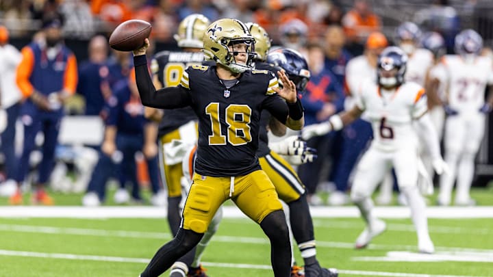 Oct 17, 2024; New Orleans, Louisiana, USA; New Orleans Saints quarterback Spencer Rattler (18) passes against the Denver Broncos during the second half at Caesars Superdome. Mandatory Credit: Stephen Lew-Imagn Images Oct 17, 2024; New Orleans, Louisiana, USA; New Orleans Saints quarterback Spencer Rattler (18) passes against the Denver Broncos during the second half at Caesars Superdome. Mandatory Credit: Stephen Lew-Imagn Images