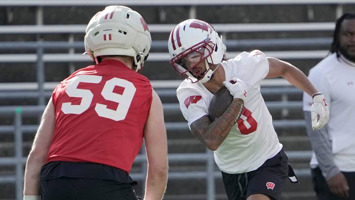 Wisconsin wide receiver Tyrell Henry (0) is shown during spring football practice Tuesday, April 21, 2026 at Camp Randall Stadium in Madison, Wisconsin.