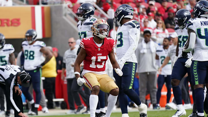Nov 17, 2024; Santa Clara, California, USA; San Francisco 49ers wide receiver Jauan Jennings (15) celebrates after making a first down against the Seattle Seahawks in the first quarter at Levi's Stadium. Mandatory Credit: David Gonzales-Imagn Images