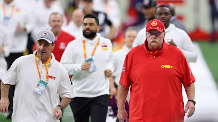 Feb 9, 2025; New Orleans, LA, USA; Kansas City Chiefs head coach Andy Reid on the sideline before Super Bowl LIX between the Philadelphia Eagles and the Kansas City Chiefs at Caesars Superdome. Mandatory Credit: Bill Streicher-Imagn Images
