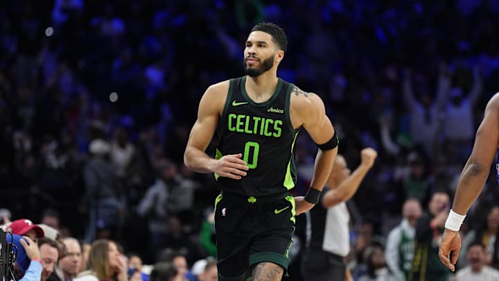 Feb 2, 2025; Philadelphia, Pennsylvania, USA; Boston Celtics forward Jayson Tatum (0) reacts against the Philadelphia 76ers in the fourth quarter at Wells Fargo Center. Mandatory Credit: Kyle Ross-Imagn Images