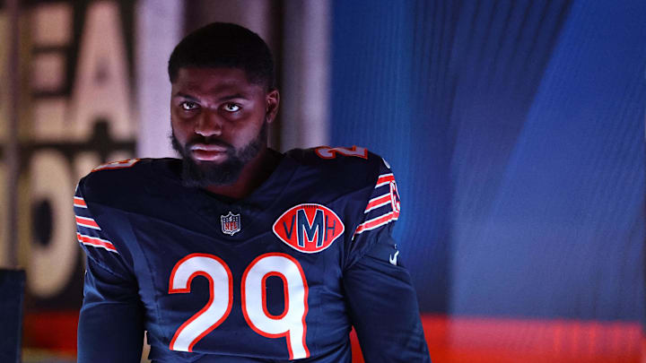 Oct 19, 2025; Chicago, Illinois, USA; Chicago Bears cornerback Tyrique Stevenson (29) takes the field before the game against the New Orleans Saints at Soldier Field. Mandatory Credit: Mike Dinovo-Imagn Images