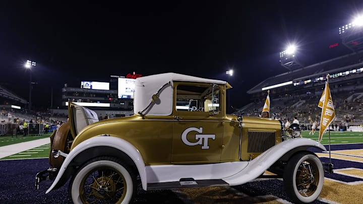 Sep 20, 2025; Atlanta, Georgia, USA; Georgia Tech Yellow Jackets Ramblin' Wreck car on the field after a game against the Temple Owls at Bobby Dodd Stadium at Hyundai Field. Mandatory Credit: Brett Davis-Imagn Images
