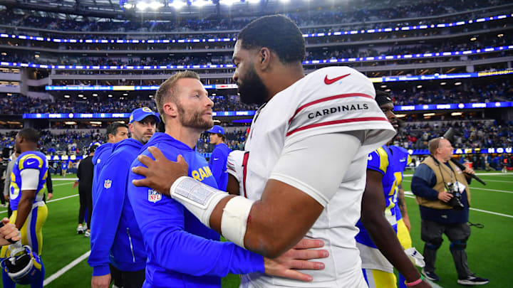 Jan 4, 2026; Inglewood, California, USA; Los Angeles Rams head coach Sean McVay and Arizona Cardinals quarterback Jacoby Brissett (7) talk following a game at SoFi Stadium. Mandatory Credit: Gary A. Vasquez-Imagn Images Jan 4, 2026; Inglewood, California, USA; Los Angeles Rams head coach Sean McVay and Arizona Cardinals quarterback Jacoby Brissett (7) talk following a game at SoFi Stadium. Mandatory Credit: Gary A. Vasquez-Imagn Images