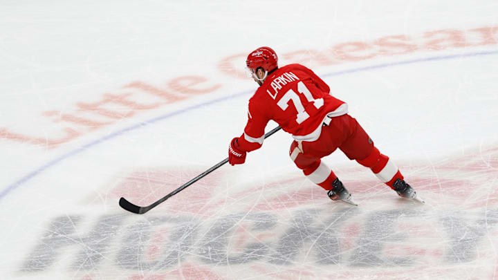 Mar 4, 2026; Detroit, Michigan, USA;  Detroit Red Wings center Dylan Larkin (71) skates with the puck in the first period against the Vegas Golden Knights at Little Caesars Arena. Mandatory Credit: Rick Osentoski-Imagn Images