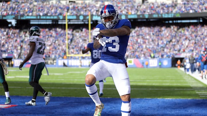 New York Giants wide receiver Odell Beckham Jr. (13) celebrates after scoring a touchdown against the Philadelphia Eagles during the first quarter at MetLife Stadium. New York Giants wide receiver Odell Beckham Jr. (13) celebrates after scoring a touchdown against the Philadelphia Eagles during the first quarter at MetLife Stadium.