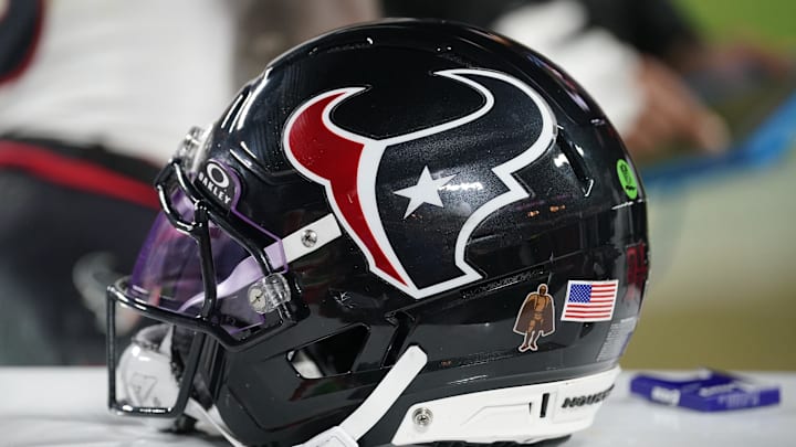 Dec 7, 2025; Kansas City, Missouri, USA; A Houston Texans helmet is seen on the sideline during the second quarter against the Kansas City Chiefs at GEHA Field at Arrowhead Stadium. Mandatory Credit: Denny Medley-Imagn Images