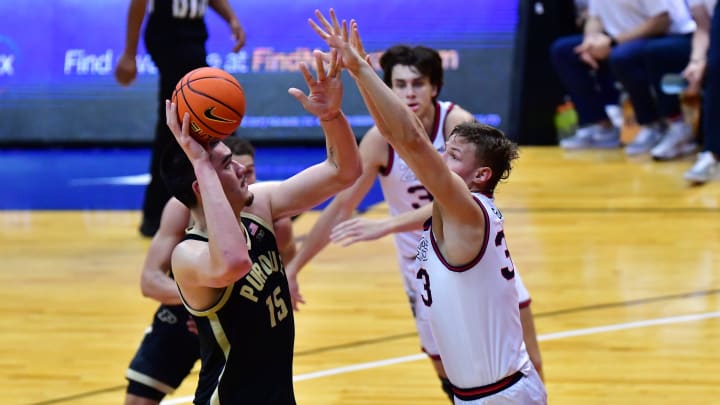 Nov 20, 2023; Honolulu, Hawaii, USA;  

Purdue Boilermakers center Zach Edey (15) shoots while being