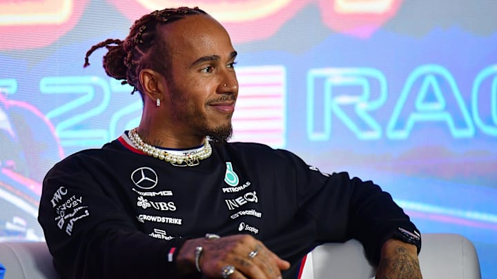 Nov 15, 2023; Las Vegas, Nevada, USA; Mercedes AMG Petronas driver Lewis Hamilton of Great Britain