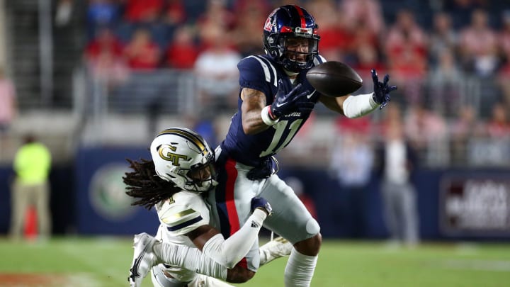 Sep 16, 2023; Oxford, Mississippi, USA; Mississippi Rebels wide receiver Jordan Watkins (11) bobbles