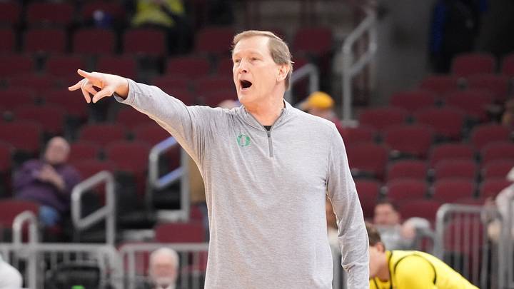 Mar 10, 2026; Chicago, IL, USA; Oregon Ducks head coach Dana Altman during the first half against the Maryland Terrapins at United Center. Mandatory Credit: David Banks-Imagn Images