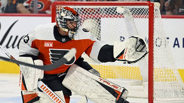 Apr 14, 2026; Philadelphia, Pennsylvania, USA; Philadelphia Flyers goaltender Samuel Ersson (33) makes a save against the MontrŽal Canadiens during the third period at Xfinity Mobile Arena. Mandatory Credit: Eric Hartline-Imagn Images Apr 14, 2026; Philadelphia, Pennsylvania, USA; Philadelphia Flyers goaltender Samuel Ersson (33) makes a save against the MontrŽal Canadiens during the third period at Xfinity Mobile Arena. Mandatory Credit: Eric Hartline-Imagn Images