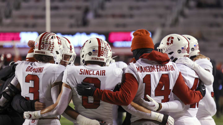 Nov 12, 2022; Salt Lake City, Utah, USA; The Stanford Cardinal defense huddles prior to a game against the Utah Utes at Rice-Eccles Stadium. Mandatory Credit: Rob Gray-USA TODAY Sports Nov 12, 2022; Salt Lake City, Utah, USA; The Stanford Cardinal defense huddles prior to a game against the Utah Utes at Rice-Eccles Stadium. Mandatory Credit: Rob Gray-USA TODAY Sports