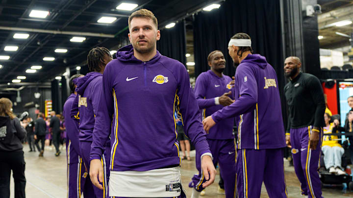 Dec 14, 2025; Phoenix, Arizona, USA; Los Angeles Lakers guard Luka Doncic (77) looks on before the game against the Phoenix Suns at Mortgage Matchup Center. Mandatory Credit: Allan Henry-Imagn Images